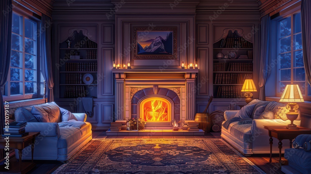A cozy living room with a fireplace, comfortable furniture, and warm lighting, illustration background