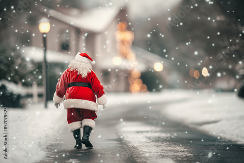 Santa treks through a snowy...