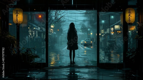 A woman standing in a doorway, looking out at a rainy street, symbolizing the sense of longing and melancholy often experienced in depression. Illustration, Minimalism, © DARIKA
