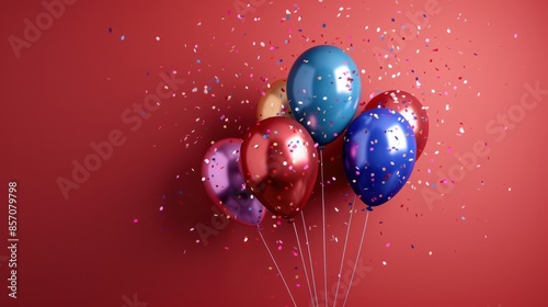 Colorful balloons with confetti on a red background.