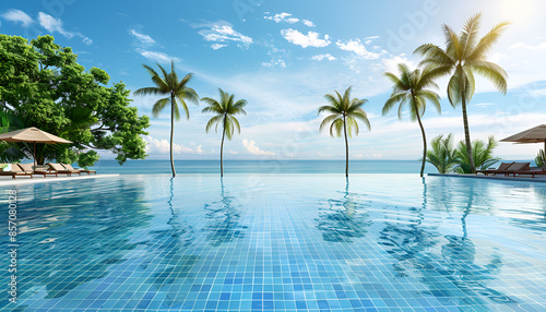 Stunning landscape  swimming pool blue sky with clouds