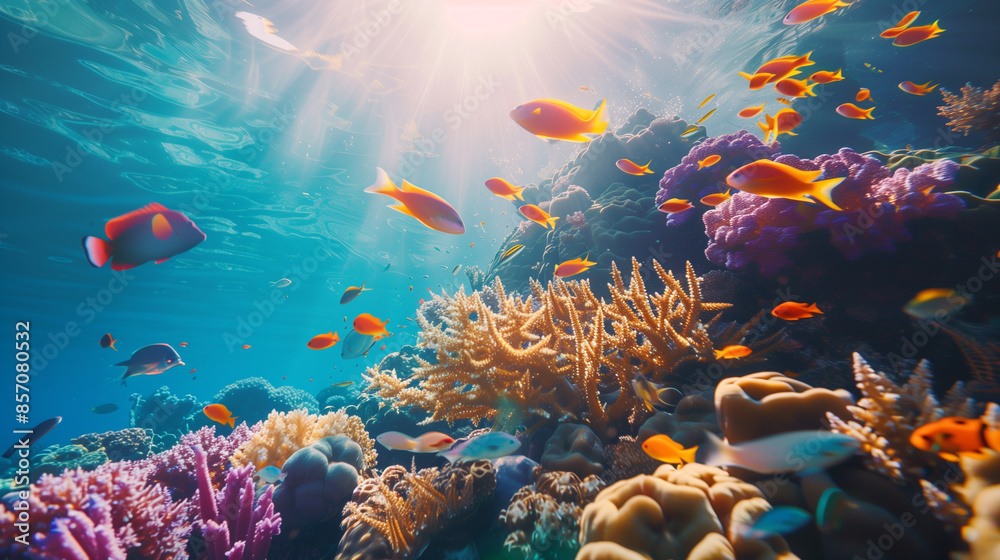 Obraz premium Vibrant Underwater World: Tropical Sea Fishes on Coral Reef, Marine Panorama for Snorkeling and Diving Adventure