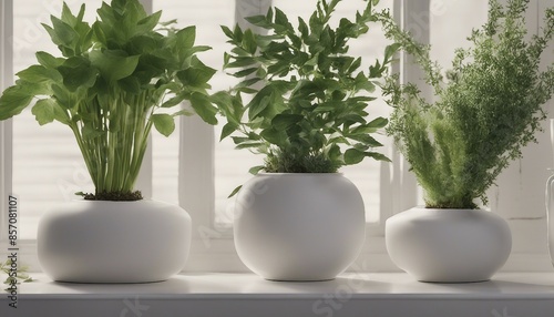 A variety of plants in white vases, each with unique foliage, enhancing aesthetics and indoor air quality by introducing oxygen and purifying the environment. © Marlon