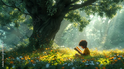 A boy reading a book under a tree, illustrating the therapeutic effect of immersing oneself in a good story to escape stress. Illustration, Minimalism,
