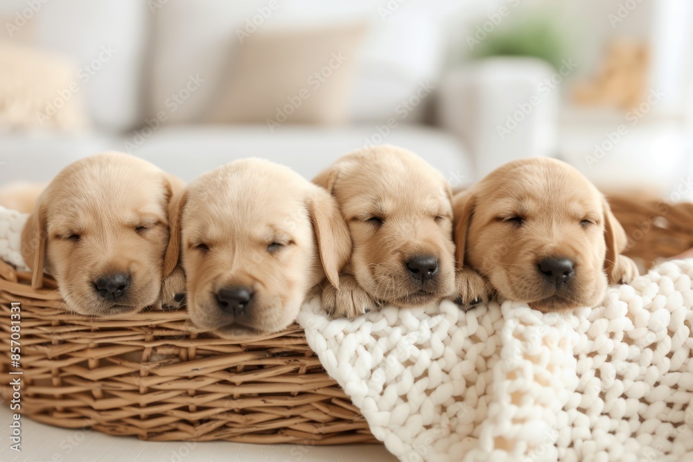 Four adorable golden retriever puppies sleep soundly in a wicker basket. Four adorable golden retriever puppies sleep soundly in a wicker basket.