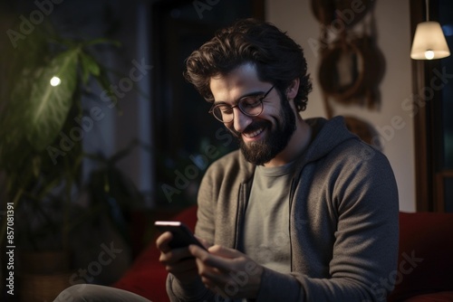 A man smiles while using his smartphone in the evening