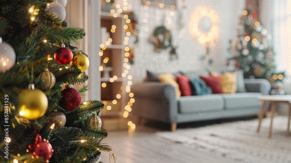 Cozy living room decorated with Christmas tree, ornaments, string lights, and festive decor