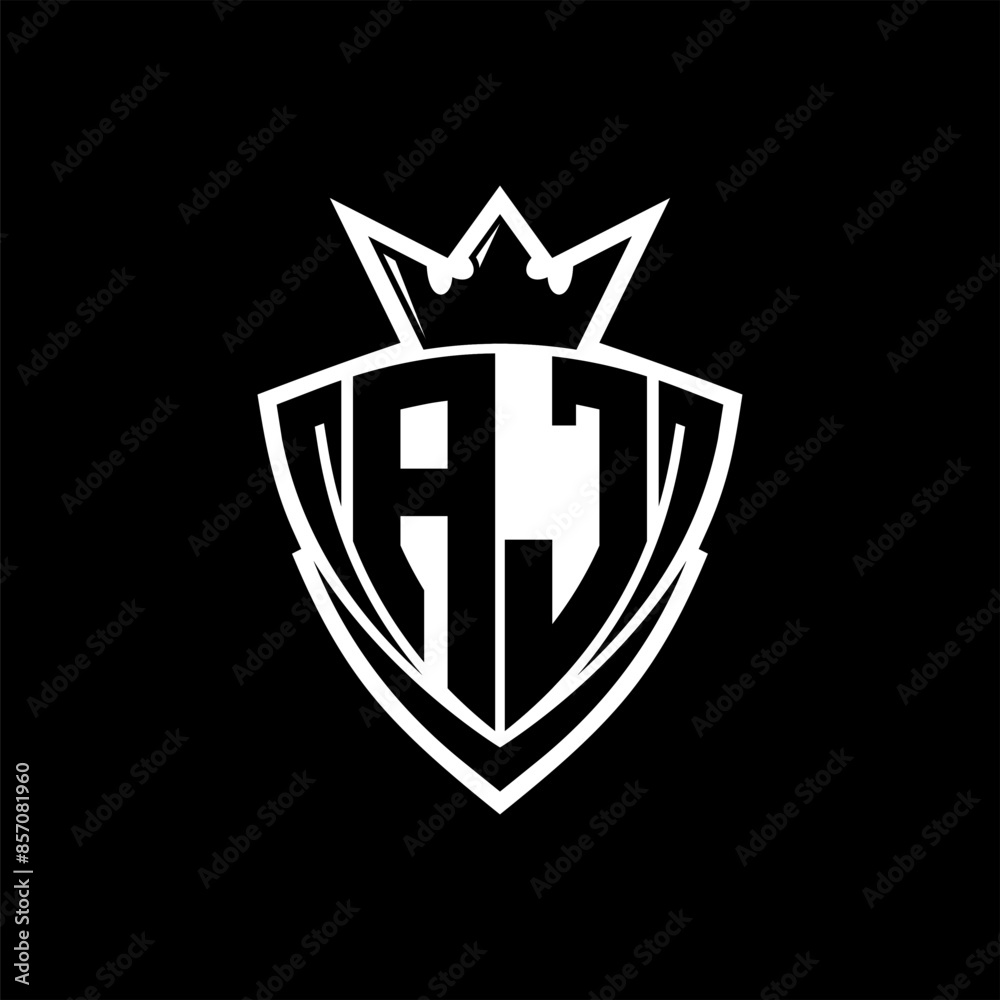 AJ Letter logo with sharp triangle shield shape with crown inside white outline on black background template design AJ Letter logo with sharp triangle shield shape with crown inside white outline on black background template design