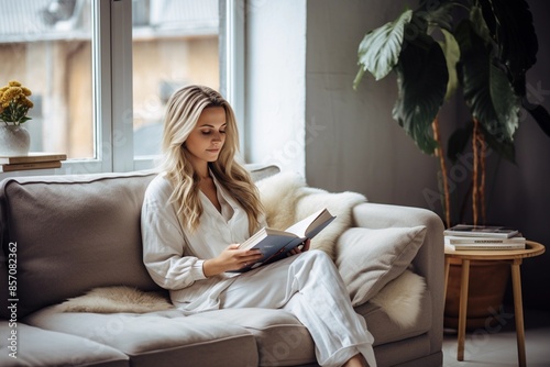 Young woman reading a book on a couch near a window