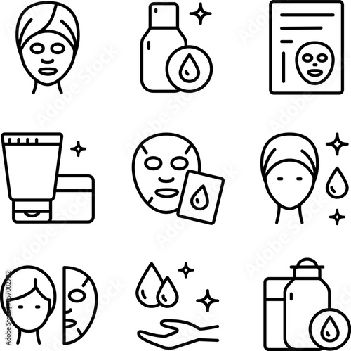 Makeup removal and skin care icons set. Simple outline style. Face, beauty, health, woman, healthy, mask, clean, fresh, girl, cleansing concept. Vector illustration isolated on white background. Aesth