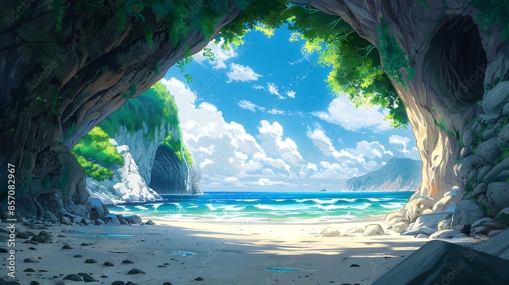 Fototapeta premium illustration, anime, background, beautiful, fantasy, wallpaper, japanese, light, cloud, sky, cartoon, manga, artwork, japan, nature, landscape, colourful, scenery, drawing, person, beauty, design, gir