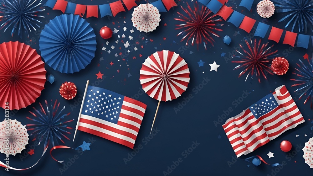 Obraz premium Patriotic decorations on red background for holiday. Flat lay paper fans, fireworks, party streamers
