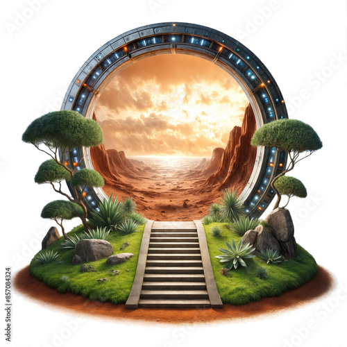Futuristic portal to planet Mars. Greenery contrast with barren, red terrain visible through circular gateway. Isolated on white background.
