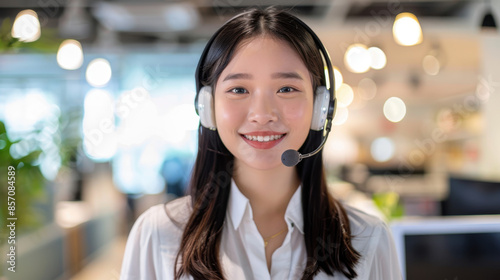 Smiling female customer support representative wearing headset in modern office environment