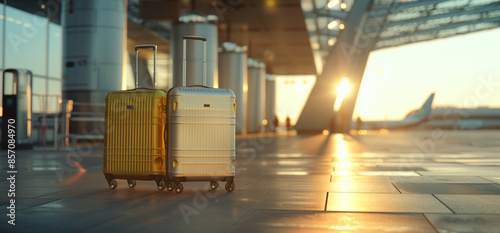 Airport Wanderlust: Silhouette of Two Luggage in Amber and Silver Tones Against Blurred Photo-Realistic Landscapes in Yellow and Bronze Colors photo