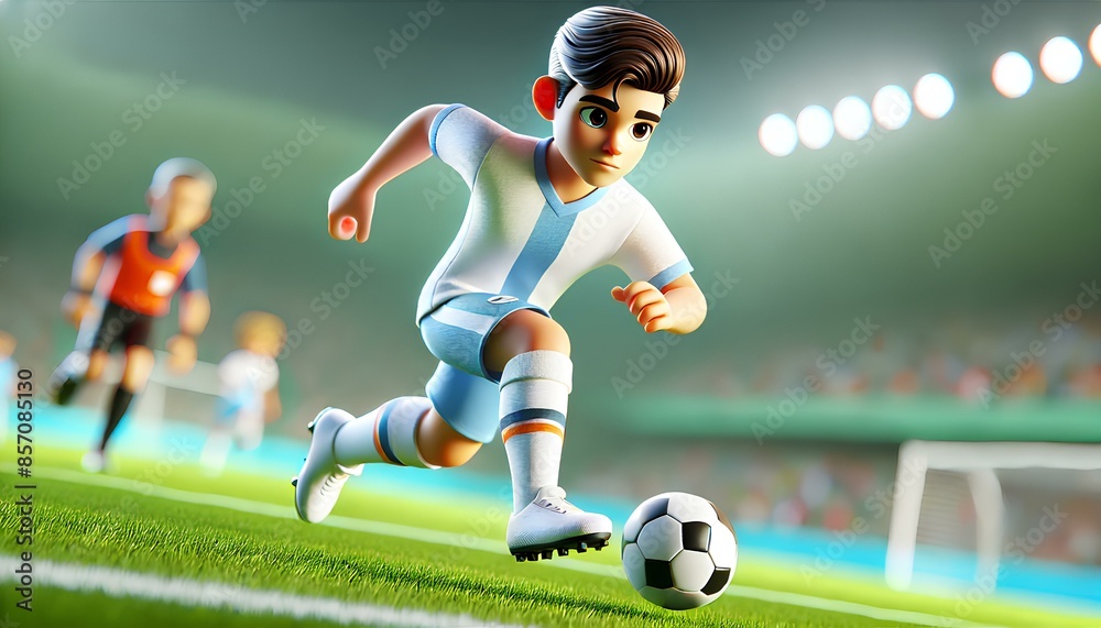 Φωτογραφία A 3D cartoon soccer player in a white and light blue uniform dribbles the ball on a vibrant green field, focused on the game