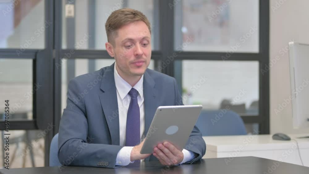 Mature Adult Businessman Doing Video Chat on Tablet in Office Mature Adult Businessman Doing Video Chat on Tablet in Office