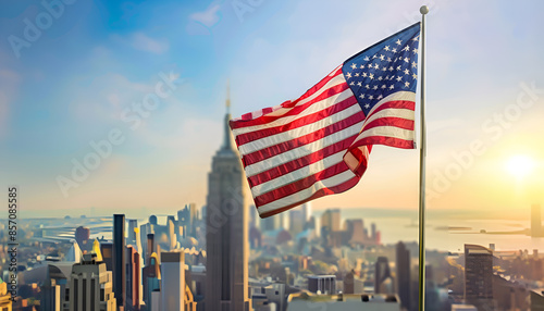 AMERICAN FLAG - United States of America flag blowing in the wind with downtown/urban cityscape background