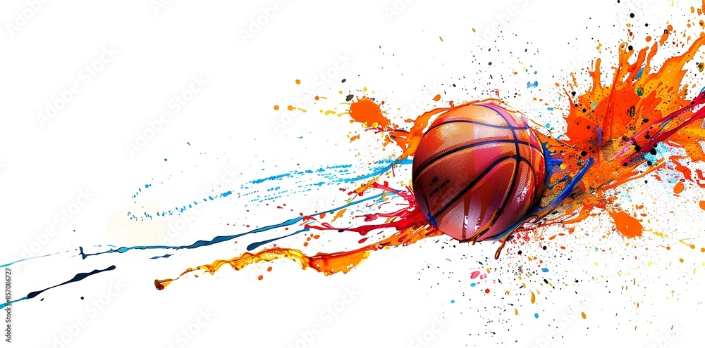 Water splashes with colorful paint and a basketball on a white background. Design in the style of sport, advertising banner or greeting card. Water splashes with colorful paint and a basketball on a white background. Design in the style of sport, advertising banner or greeting card.
