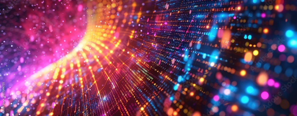 Abstract digital background with colorful glowing data and binary code. Abstract digital background with colorful glowing data and binary code.