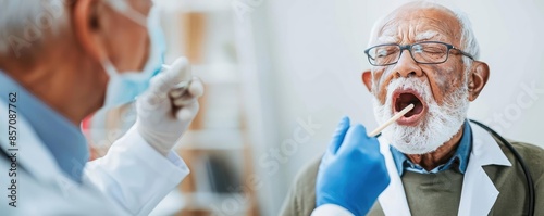 Doctor examining an elderly man's throat with a tongue depressor, health check-up, senior care photo