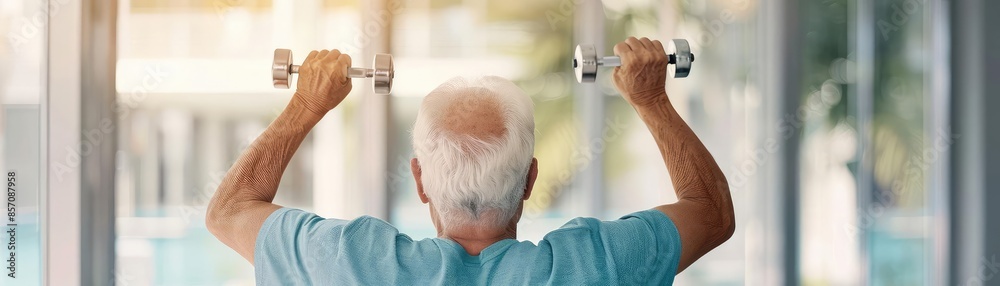 Fototapeta premium Senior man lifting light weights with therapist supervision, strength training, elderly physical therapy