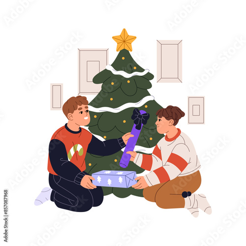 Happy children exchange gifts together. Cheerful kids sit near Christmas tree, presents Xmas giftboxes. Friends give surprises. Family winter holiday. Flat isolated vector illustration on white