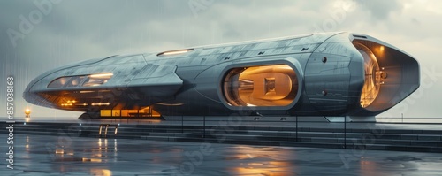 Futuristic spaceship house with metallic exterior. photo