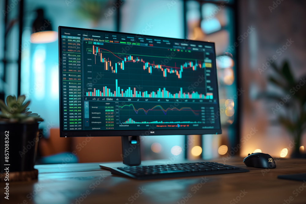 Illuminated Financial Markets: Elegant Technical Chart on Computer Screen with Chiaroscuro Aesthetic and Art Deco Touches Illuminated Financial Markets: Elegant Technical Chart on Computer Screen with Chiaroscuro Aesthetic and Art Deco Touches