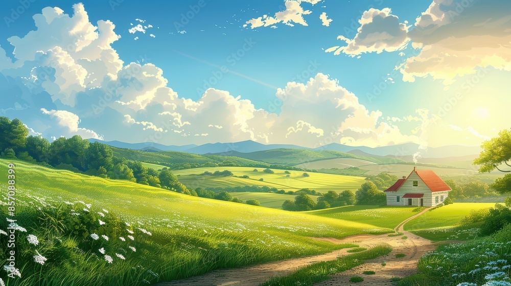 A serene countryside with rolling hills and a quaint farmhouse, illustration background A serene countryside with rolling hills and a quaint farmhouse, illustration background