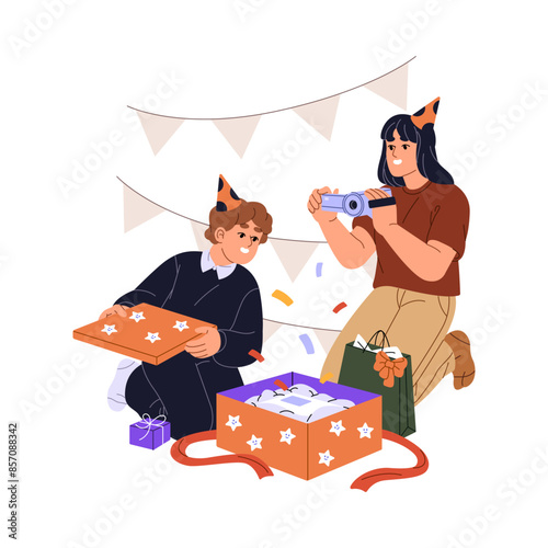 Happy kid opens birthday gift. Mother filming video how child rejoices at Bday present. Son in party cap with surprise giftbox from parent. Flat isolated vector illustration on white background