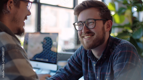 diverse group of 2 tech employees, working on an AI product, smiling, visual perspective that pushes beyond the frame © l1gend