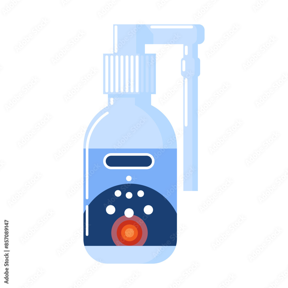 Medicine for a sore throat. Local antiseptic solution in a spray bottle with a cannula. Disease, pain point. Vector illustration in flat style. Inflammation of the oropharynx, pain. Medicine to treat Medicine for a sore throat. Local antiseptic solution in a spray bottle with a cannula. Disease, pain point. Vector illustration in flat style. Inflammation of the oropharynx, pain. Medicine to treat