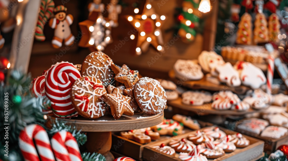 Festive Christmas gingerbread cookies and candy canes on display at holiday market stall Festive Christmas gingerbread cookies and candy canes on display at holiday market stall