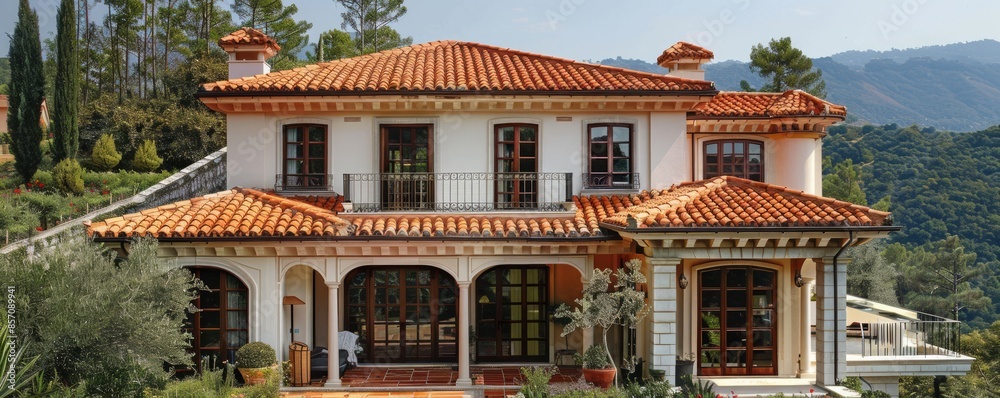 Mediterranean villa with terracotta roof tiles. Mediterranean villa with terracotta roof tiles.