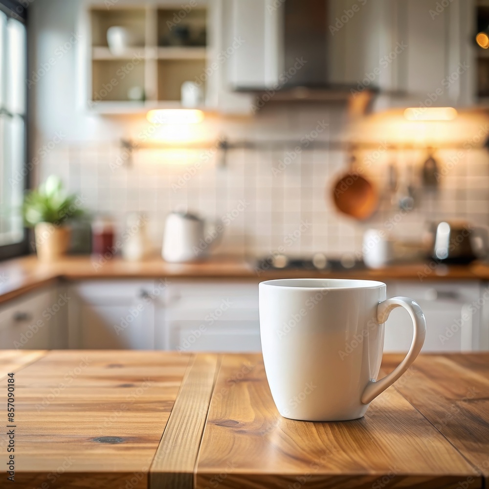Empty white ceramic coffee mug on a wooden table with a blurred kitchen background. Empty white ceramic coffee mug on a wooden table with a blurred kitchen background.