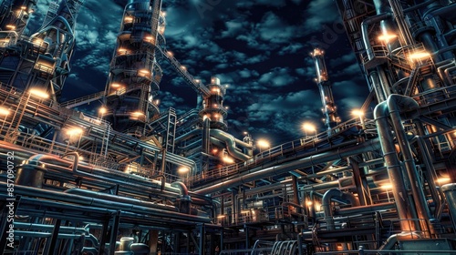 Industrial refinery at night with structures. Energy production concept. AIG53F.