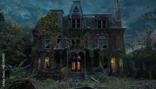 The Haunted Victorian Mansion is silent under the moonlit sky, shrouded in mystery and decay AIG59