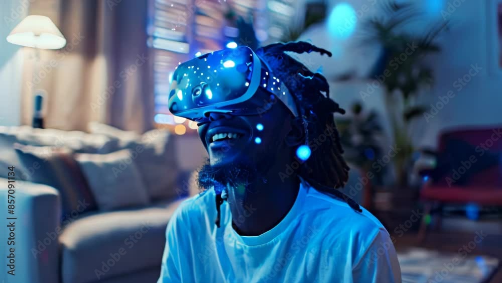 animation young man experiencing virtual reality with vr headset glasses with floating blue digital network elements, technology and innovation educations and games