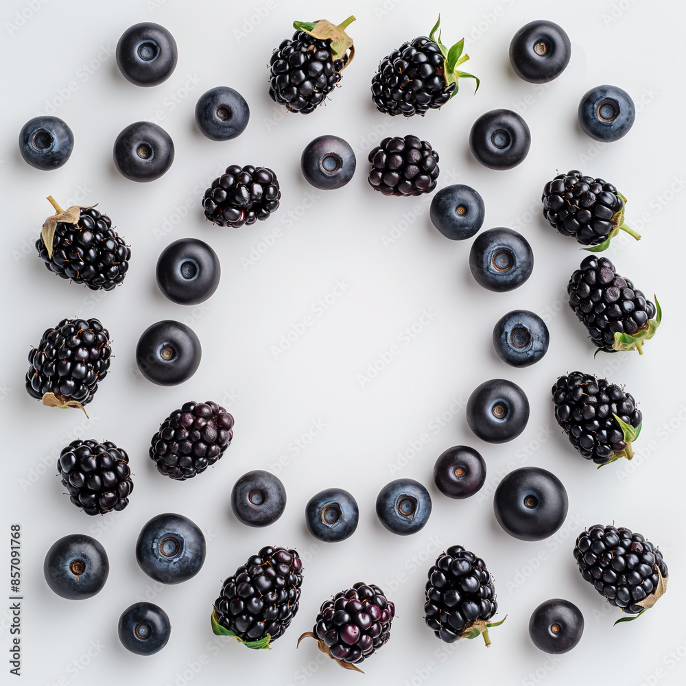 Blueberries and blackberries circle frame on white background space in the middle Blueberries and blackberries circle frame on white background space in the middle