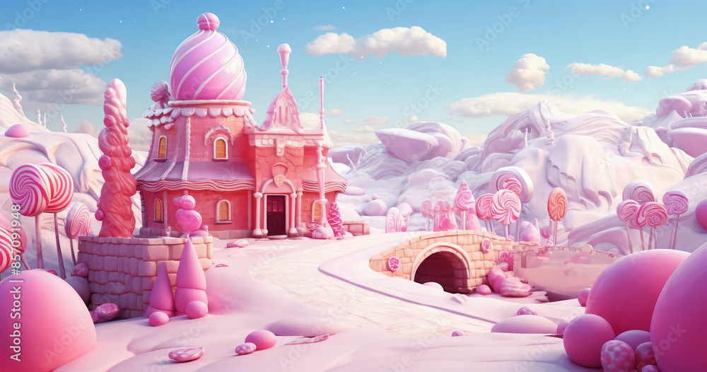a pink castle with a bridge and a bridge in the middle of it with candy land around it and a sky background a pink castle with a bridge and a bridge in the middle of it with candy land around it and a sky background