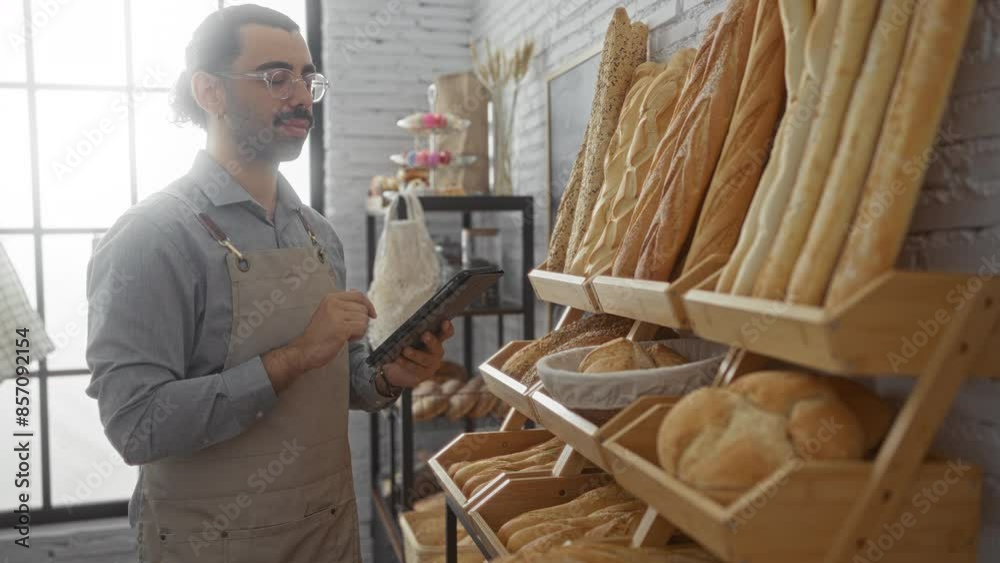 Young man in a bakery shop holding a tablet and reviewing products surrounded by a variety of fresh bread loaves Young man in a bakery shop holding a tablet and reviewing products surrounded by a variety of fresh bread loaves