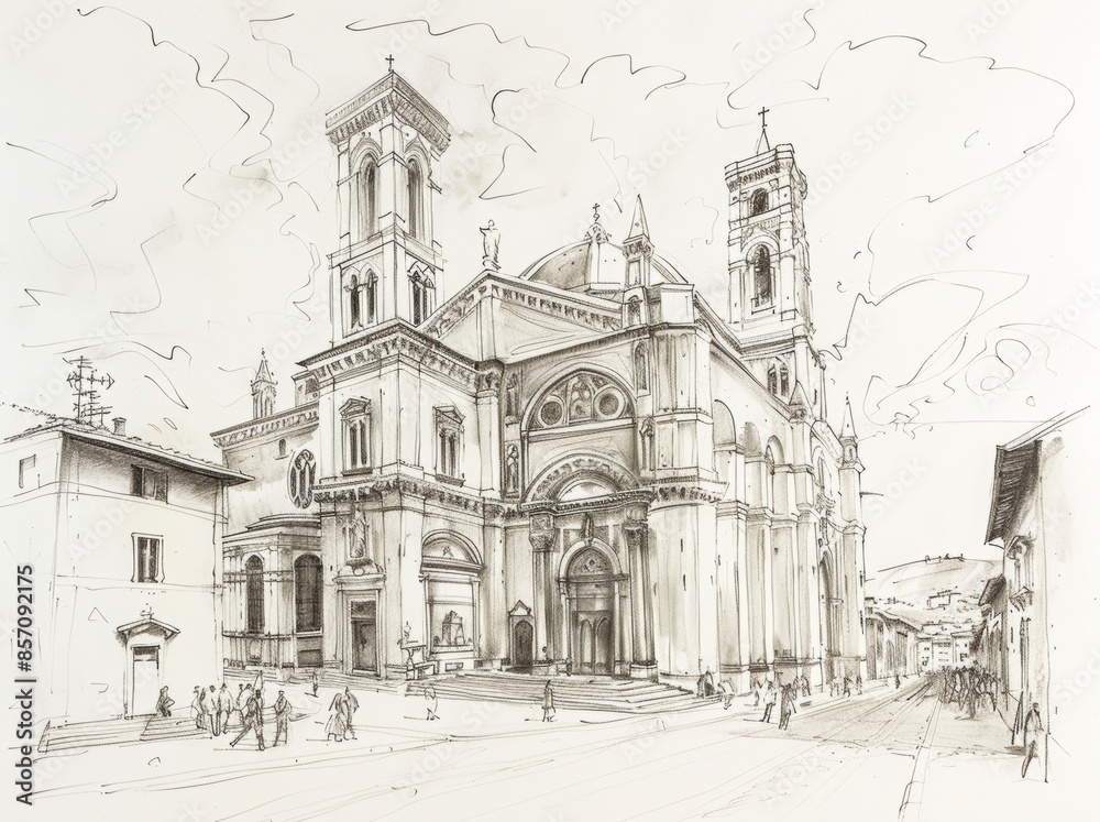 Fototapeta premium Pencil drawing of architecture, template, AI generated