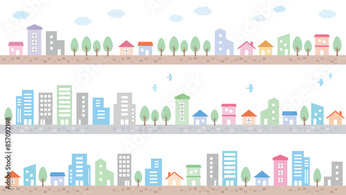 カラフルな街並みのイラストセット