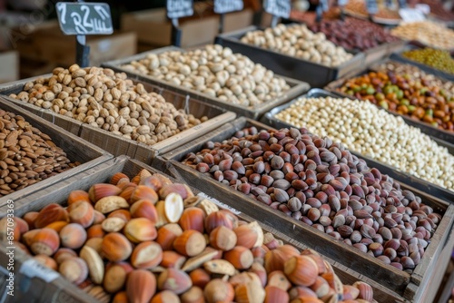 Assorted nuts and seeds beautifully displayed in a market setting with high quality imagery © Mikhail Vorobev