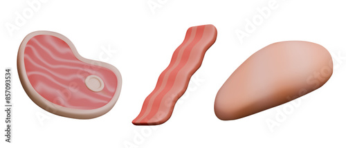 Set of 3D meat icons, illustrations. Steak, bacon, fillet. Isolated templates