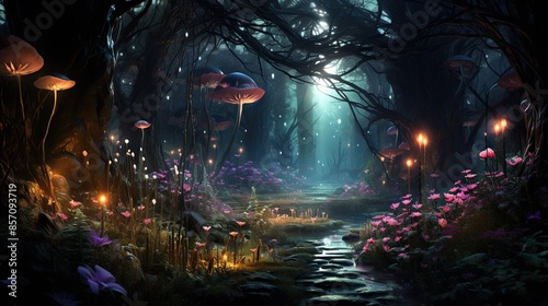 An enchanted forest with glowing plants and creatures  © Awais