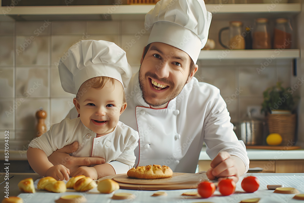 Dad and son chef in kitchen. Happy Father's Day. Dad and son chef in kitchen. Happy Father's Day.