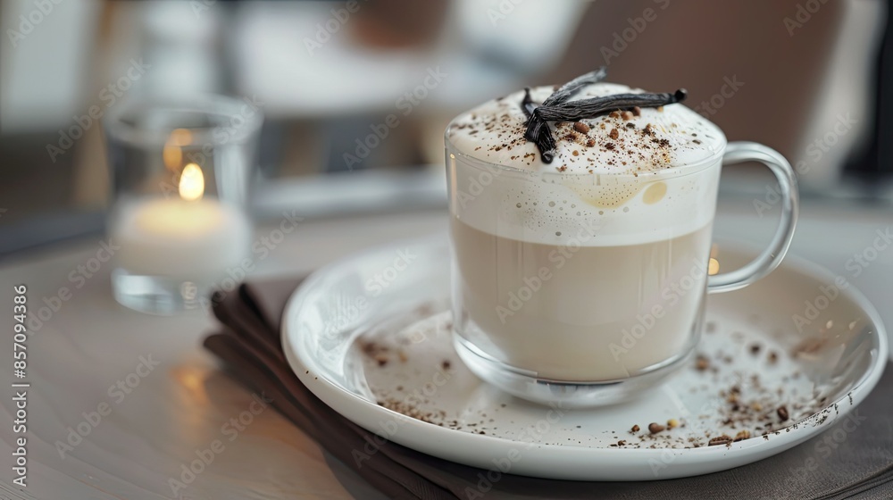 Close-up of a flat white coffee with vanilla bean garnish in a stylish cafe setting, ideal for coffee enthusiasts. Close-up of a flat white coffee with vanilla bean garnish in a stylish cafe setting, ideal for coffee enthusiasts.
