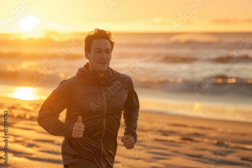 Sunset Beach Run Man Jogging on Golden Sands by Ocean Waves, Enjoying Outdoor Fitness AIG58